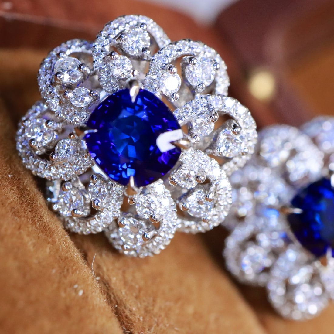 14k Gold 4.07 Ctw Natural Sapphire & Diamond Earrings: Ref:230984120 // gold content:14k gold // main gemstone:sapphire // shape:cushion // carat weight:2. 71ct // color:blue // treatment:natural // // adjacent gemstone 2 : diamond // shape:round //