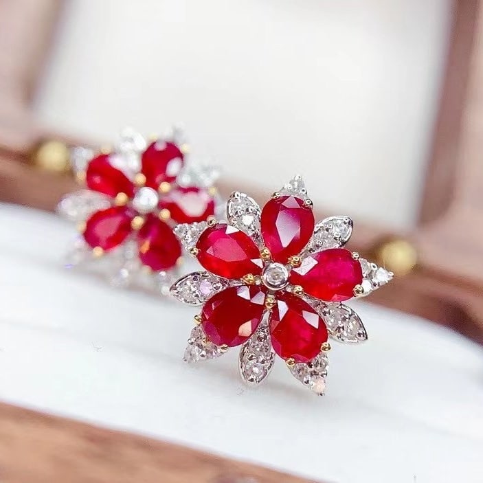 14k Gold 2 Ct Natural Ruby & Diamond Earrings - 2