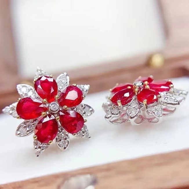 14k Gold 2 Ct Natural Ruby & Diamond Earrings - 3