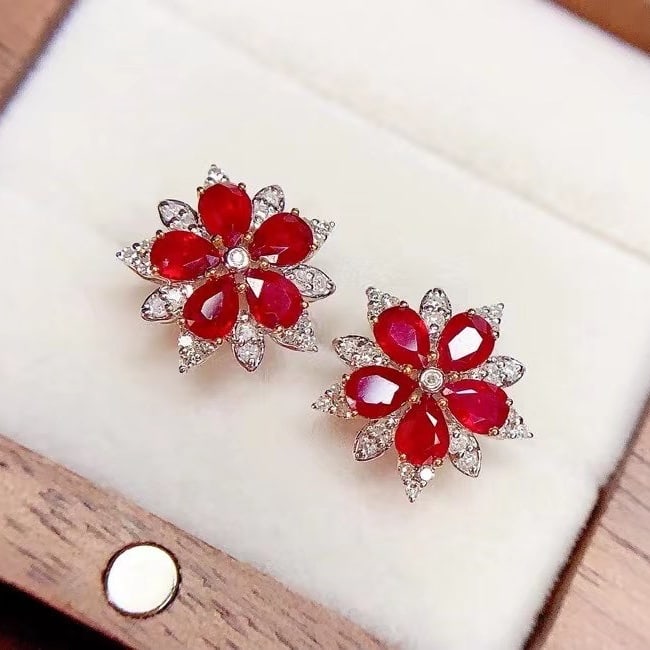 14k Gold 2 Ct Natural Ruby & Diamond Earrings - 4