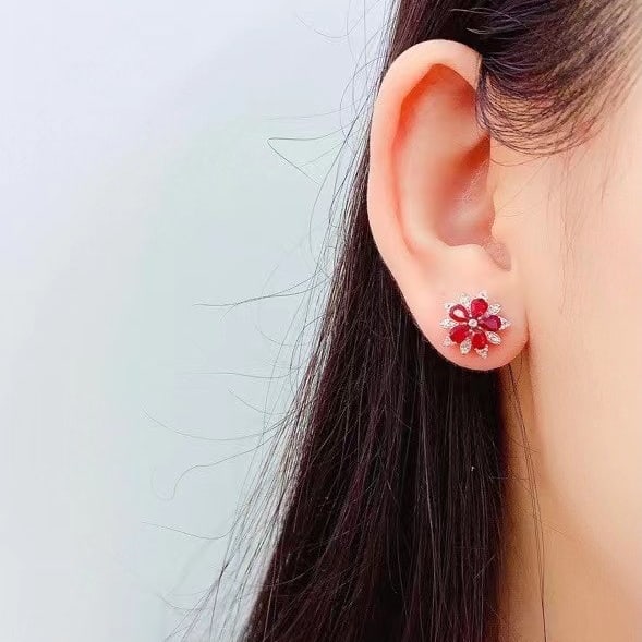 14k Gold 2 Ct Natural Ruby & Diamond Earrings - 5