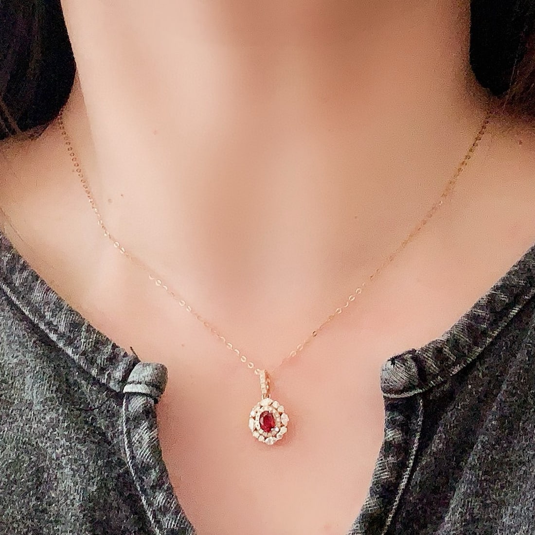 14k Gold 0.82 Ctw Natural Ruby & Diamond Pendant( Without Chain ) - 2