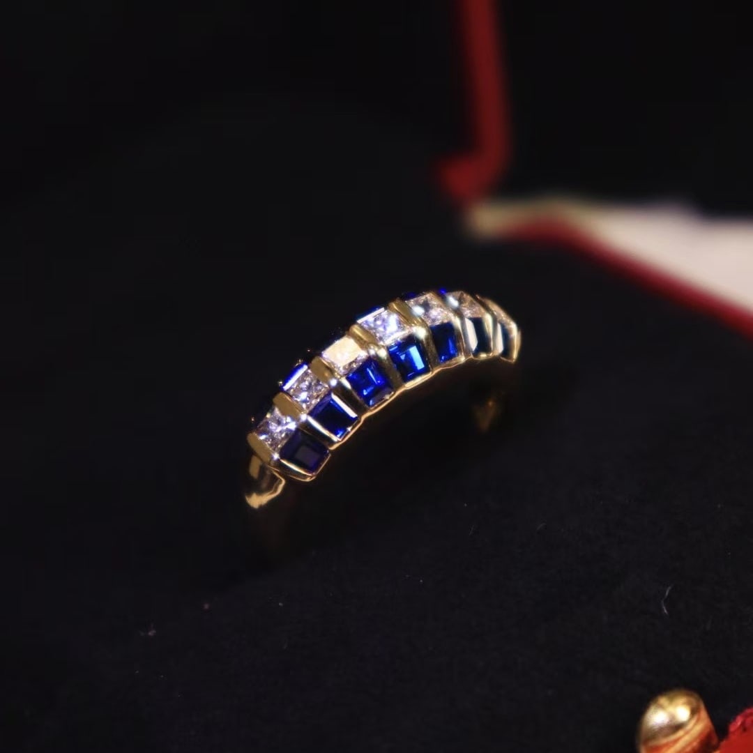 14k Gold 2.22 Ctw Natural Sapphire & Diamond Ring: Ref:230984162 // gold content:14k gold // ring size:7. 25us // // main gemstone:sapphire // shape:rectangle // carat weight:1. 62ct // color:royal blue // treatment:natural // // adjacent gemstone 2
