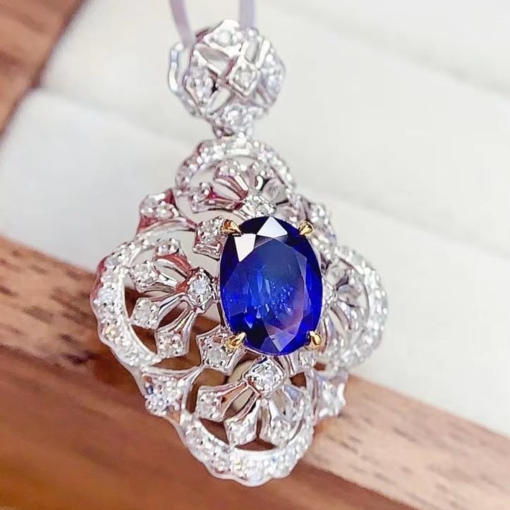 14k Gold 1.3 Ct Natural Sapphire & Diamond Pendant( Without Chain ) - 2