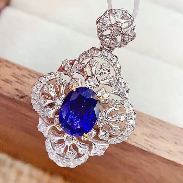 14k Gold 1.3 Ct Natural Sapphire & Diamond Pendant( Without Chain ) - 3