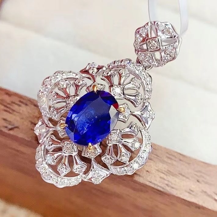 14k Gold 1.3 Ct Natural Sapphire & Diamond Pendant( Without Chain ) - 4