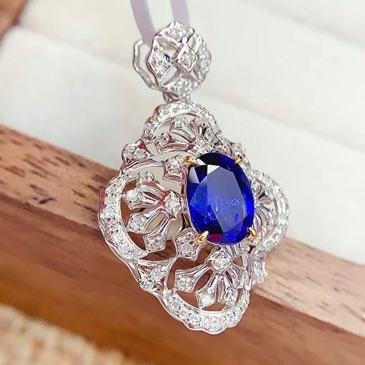 14k Gold 1.3 Ct Natural Sapphire & Diamond Pendant( Without Chain ) - 5