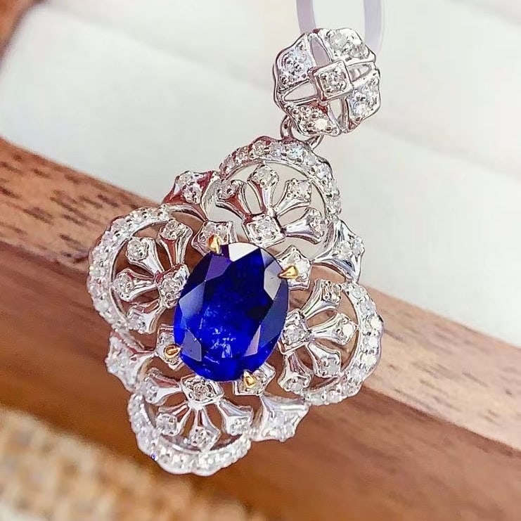 14k Gold 1.3 Ct Natural Sapphire & Diamond Pendant( Without Chain ) - 6