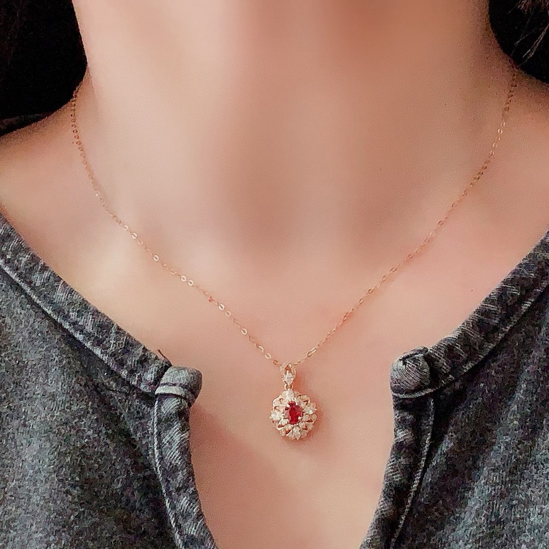 14k Gold 0.85 Ctw Natural Ruby & Diamond Pendant( Without Chain ) - 2