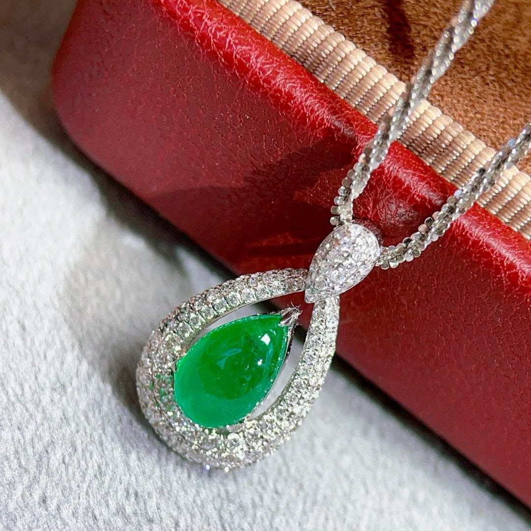 14k Gold 1.82 Ctw Vivid Green Natural Emerald & Diamond Pendant( Without Chain ) - 6