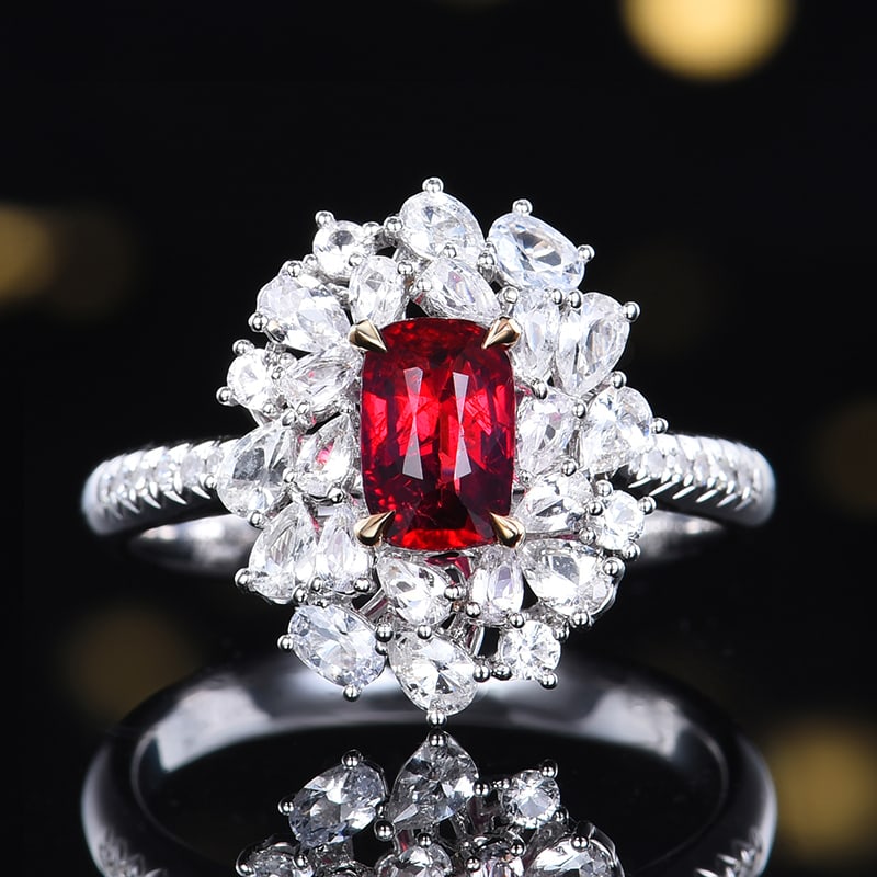 14k Gold 1.08 Ctw Natural Ruby & Diamond Ring: Ref:230984191 // gold content:14k gold // ring size:7. 25us // // main gemstone:ruby // shape:cushion // carat weight:1. 01ct // color:pigeonblood red // treatment:natural // // adjacent gemstone 2 : 