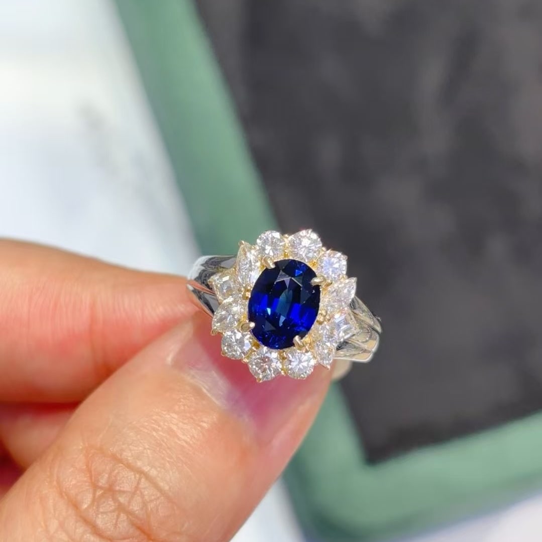 14k Gold 2.85 Ctw Natural Sapphire & Diamond Ring: Ref:230984195 // gold content:14k gold // ring size:7. 25us // // main gemstone:sapphire // shape:oval // carat weight:1. 84ct // color:royal blue // treatment:natural // // adjacent gemstone 2 : diam