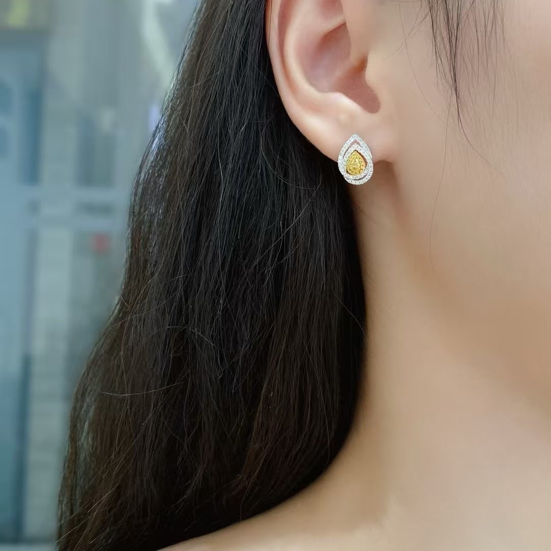 14k Gold 0.50 Ctw Natural Yellow Diamond & Diamond Earrings - 3