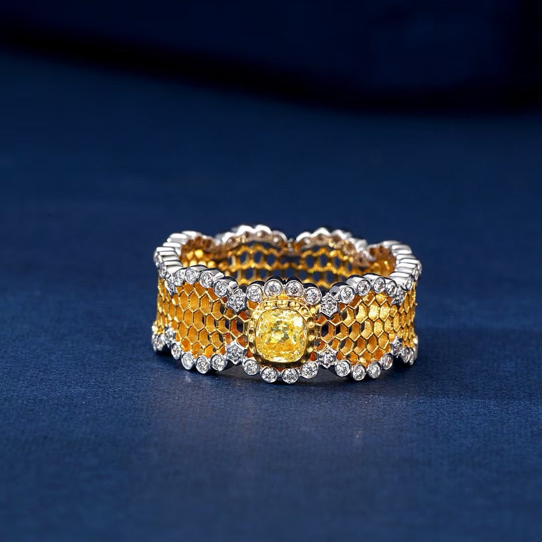 14k Gold 0.56 Ctw Natural Yellow Diamond & Diamond Ring: Ref:230984219 // gold content:14k gold // ring size:7. 25us // // main gemstone:yellow diamond // shape:cushion // carat weight:0. 34ct // color:yellow // treatment:natural // // adjacent gemstone 2