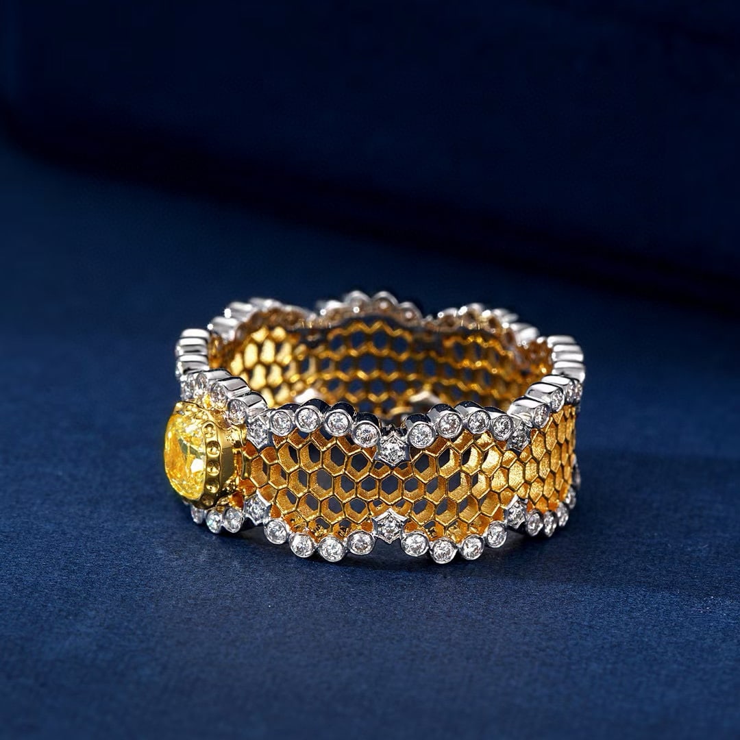 14k Gold 0.56 Ctw Natural Yellow Diamond & Diamond Ring - 3