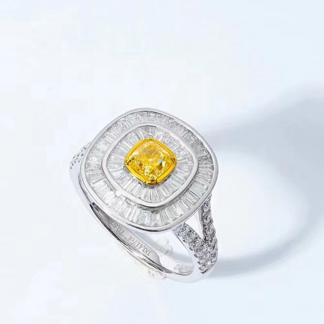 14k Gold 1.28 Ctw Natural Yellow Diamond & Diamond Ring: Ref:230984220 // gold content:14k gold // ring size:7. 25us // // main gemstone:yellow diamond // shape:cushion // carat weight:0. 41ct // color:yellow // treatment:natural // // adjacent gemstone 2