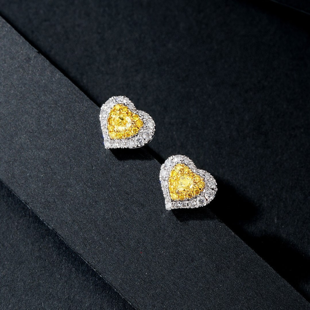 14k Gold 0.84 Ctw Natural Yellow Diamond & Diamond Earrings: Ref:230984221 // gold content:14k gold // main gemstone:yellow diamond // shape:heart // carat weight:0. 32ct // color:yellow // treatment:natural // // adjacent gemstone 2 : diamond // shape:round