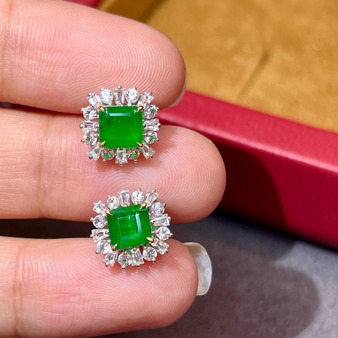 14k Gold 2.67 Ctw Vivid Green Natural Emerald & Diamond Earrings - 2