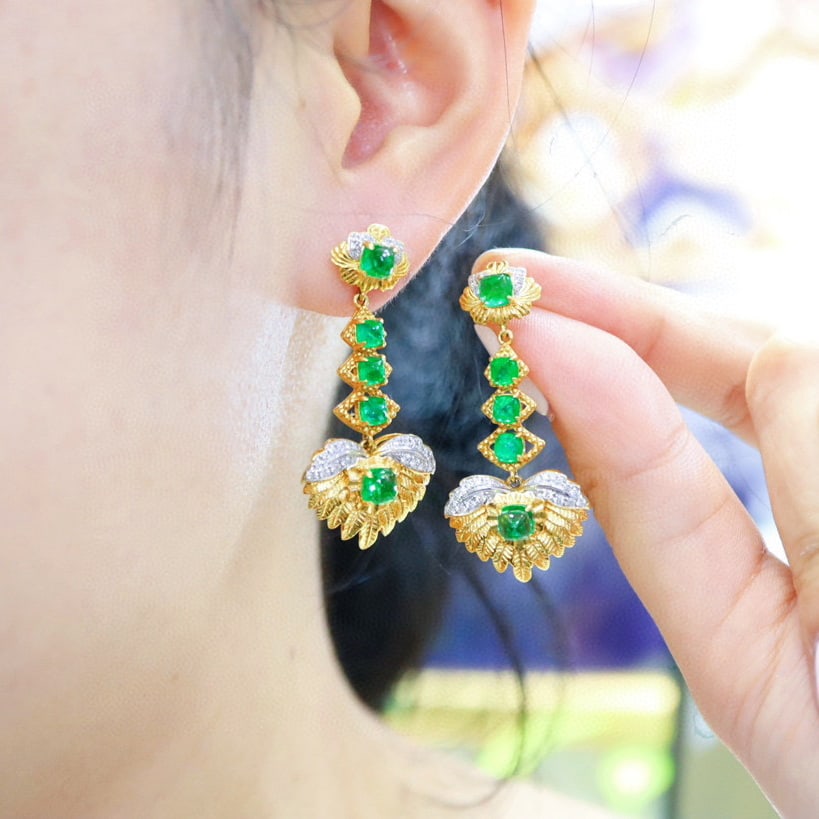 14k Gold 4.19 Ctw Natural Emerald & Diamond Earrings - 3