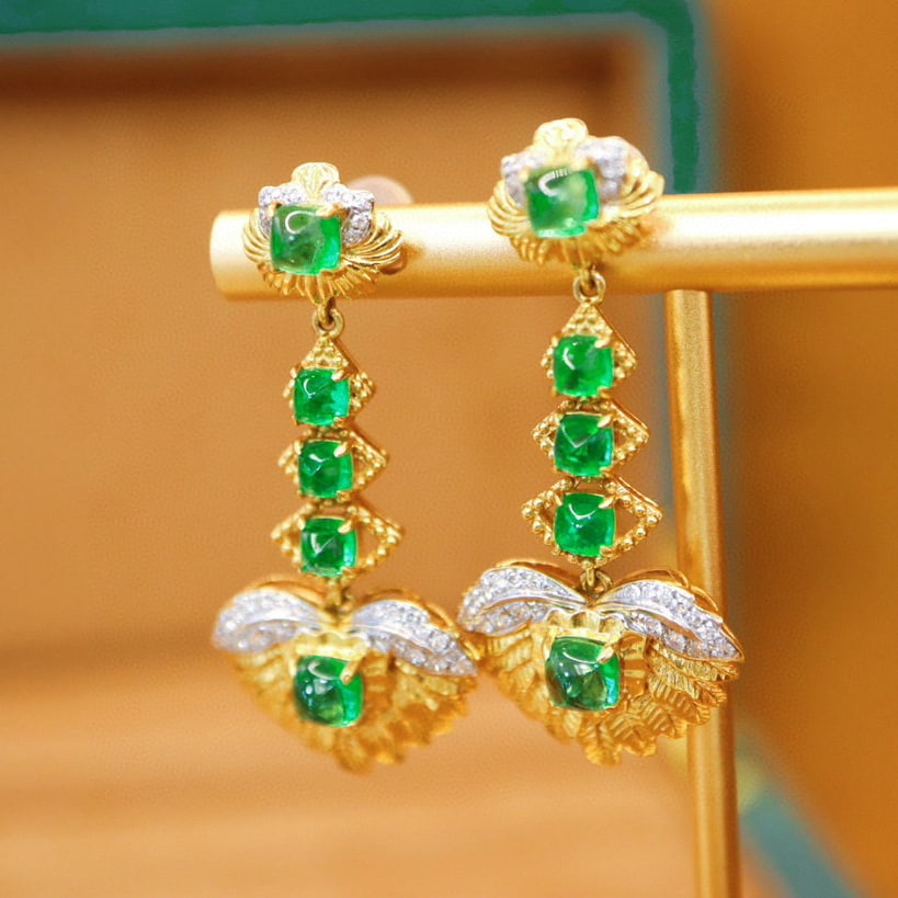 14k Gold 4.19 Ctw Natural Emerald & Diamond Earrings - 5
