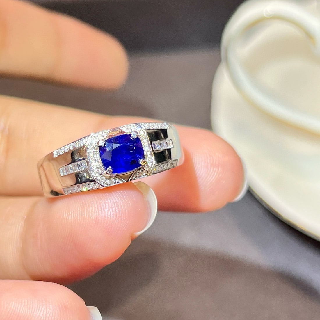 14k Gold 1.09 Ctw Natural Sapphire & Diamond & Men¡¯s Ring - 3