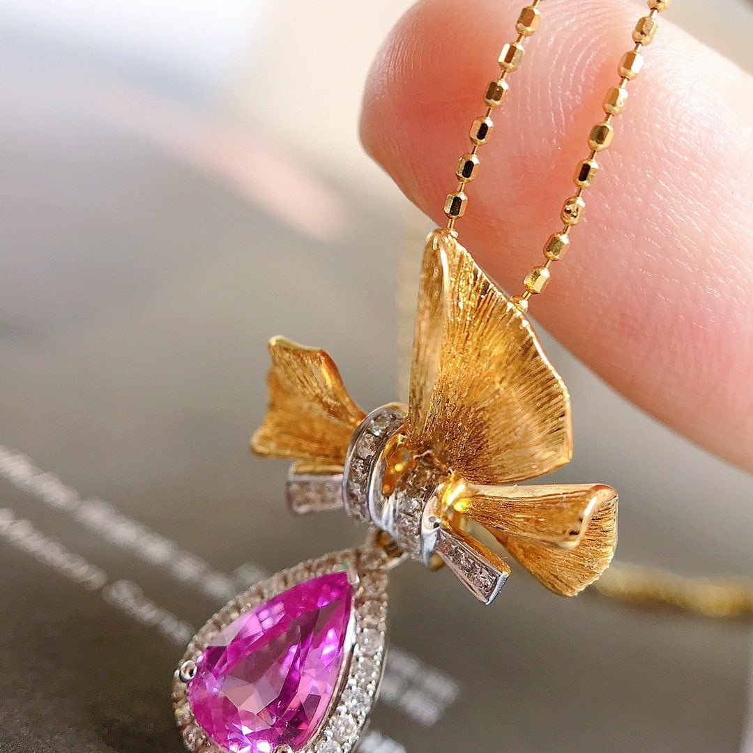 14k Gold 1.19 Ctw Natural Sapphire & Diamond Pendant( Without Chain ): Ref:230984282 // gold content:14k gold // main gemstone:sapphire // shape:pear // carat weight:1. 05ct // color:pink // treatment:natural // // adjacent gemstone 2 : diamond // shape:round // carat we