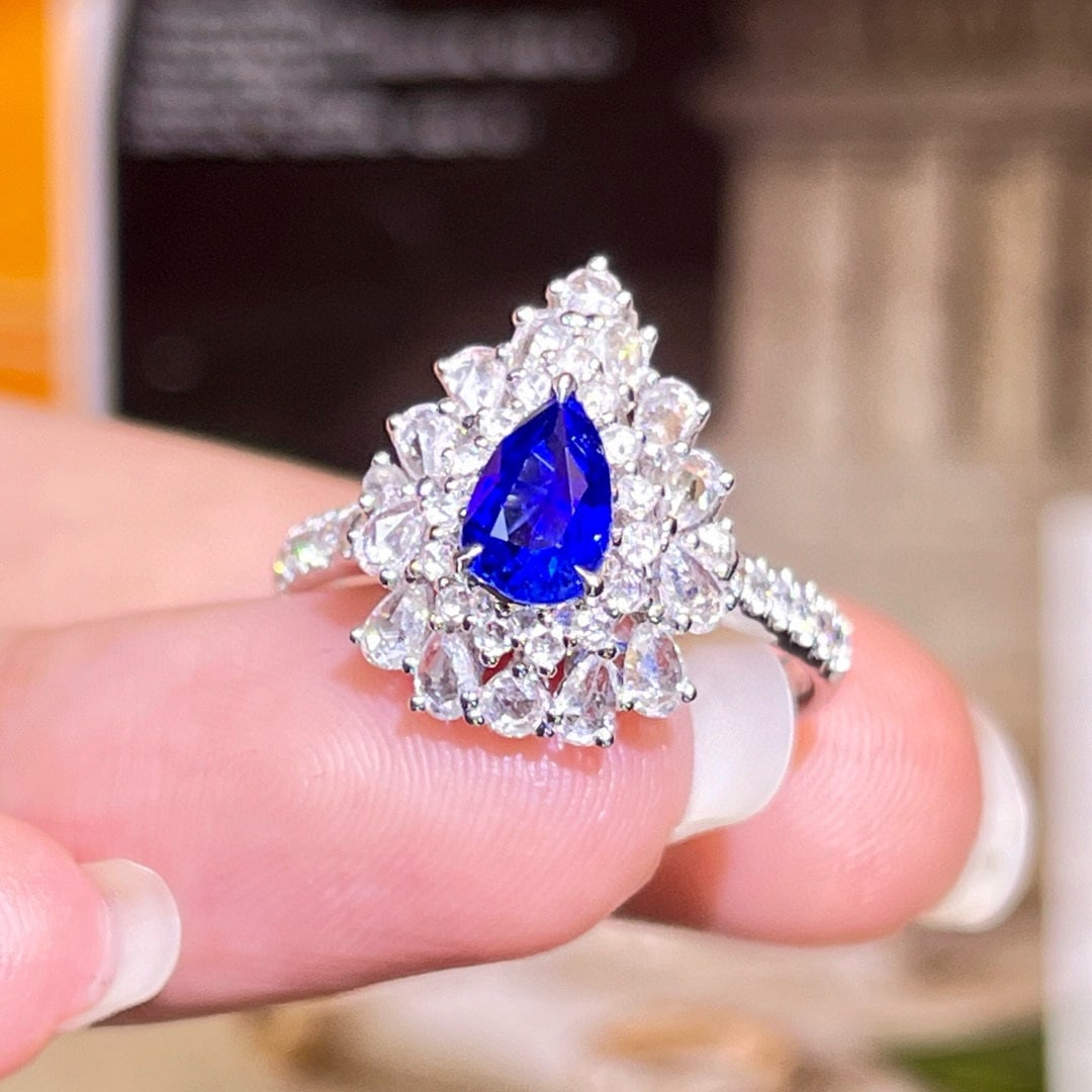 14k Gold 1.76 Ctw Natural Sapphire & Diamond Ring/pendant( Without Chain ): Ref:230984287 // gold content:14k gold // ring size:7. 25us // // main gemstone:sapphire // shape:pear // carat weight:1. 02ct // color:royal blue // treatment:natural // // adjacent gemstone 2 :