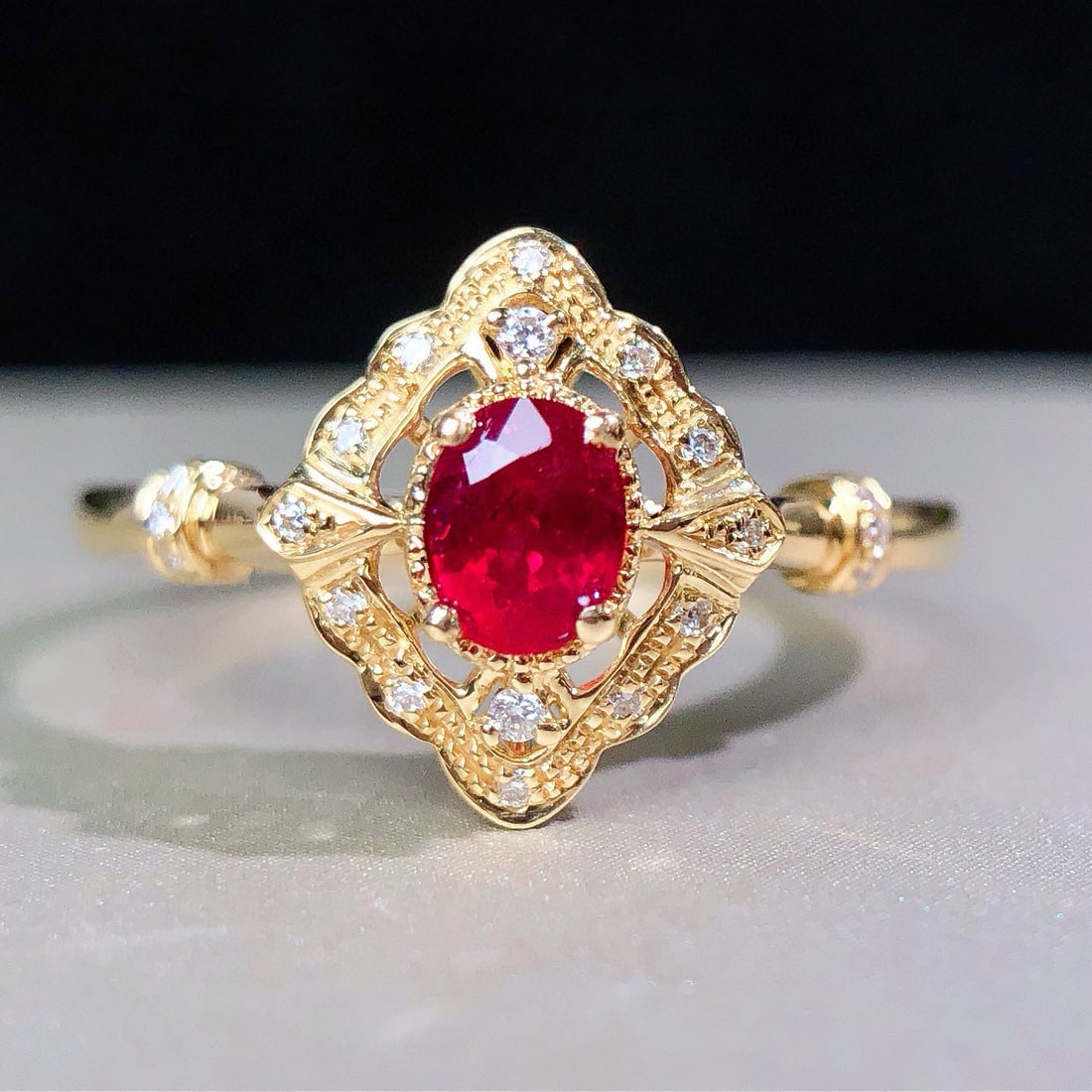 14k Gold 0.41 Ctw Natural Ruby & Diamond Ring: Ref:230984307 // gold content:14k gold // ring size:7. 25us // // main gemstone:ruby // shape:oval // carat weight:0. 35ct // color:pigeonblood red // treatment:natural // // adjacent gemstone 2 :
