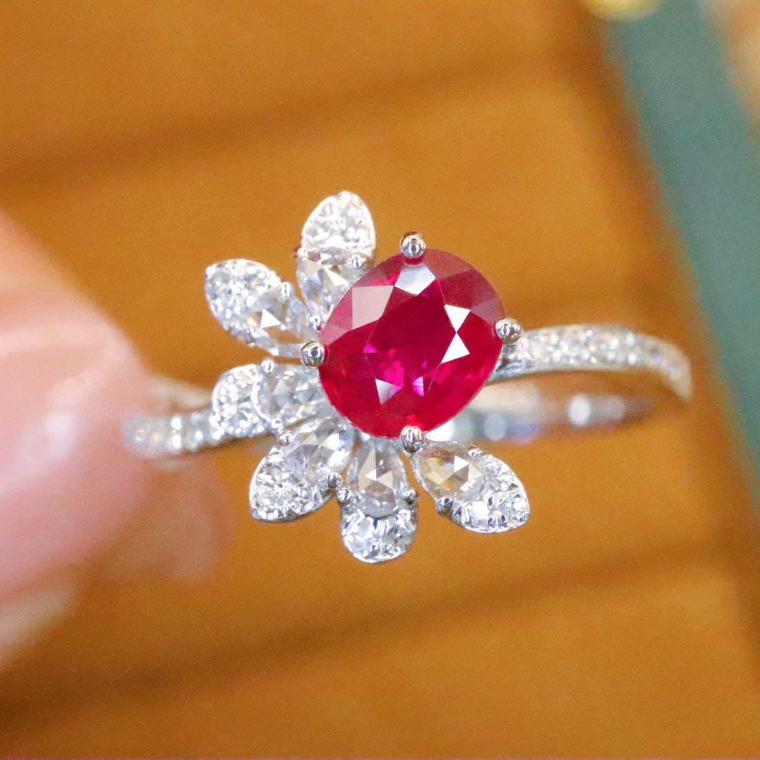 14k Gold 0.84 Ctw Natural Ruby & Diamond Ring: Ref:230984311 // gold content:14k gold // ring size:7. 25us // // main gemstone:ruby // shape:oval // carat weight:0. 58ct // color:pigeonblood red // treatment:natural // // adjacent gemstone 2 :