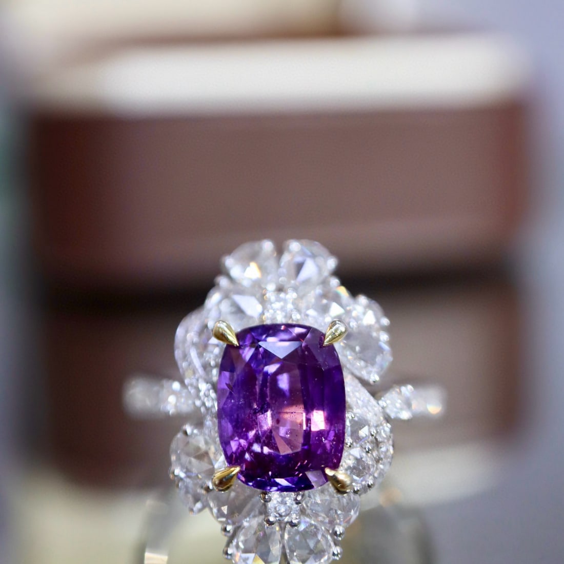 14k Gold 3.38 Ctw Natural Sapphire & Diamond Ring: Ref:230984314 // gold content:14k gold // ring size:7. 25us // // main gemstone:sapphire // shape:cushion // carat weight:2. 50ct // color:purple // treatment:natural // // adjacent gemstone 2 : diamo