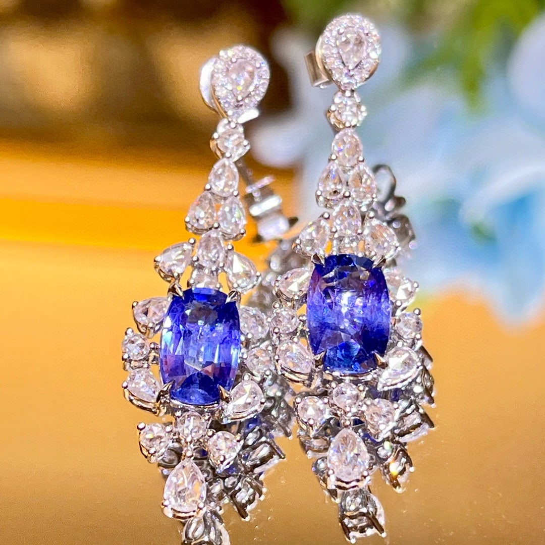 14k Gold 5.07 Ctw Natural Sapphire & Diamond Earrings: Ref:230984317 // gold content:14k gold // main gemstone:sapphire // shape:cushion // carat weight:3. 8ct // color:blue // treatment:natural // // adjacent gemstone 2 : diamond // number of stones:64 /