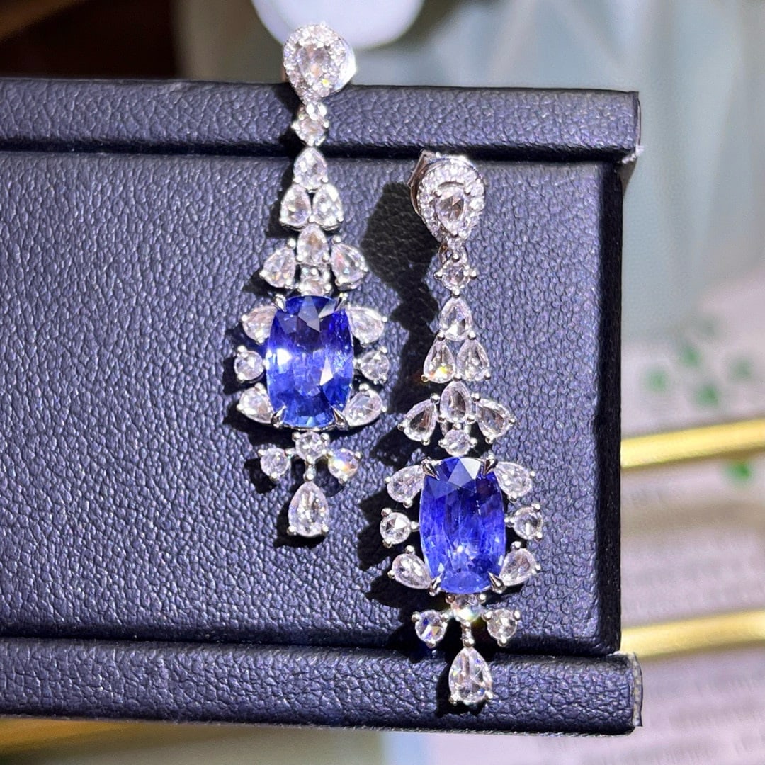 14k Gold 5.07 Ctw Natural Sapphire & Diamond Earrings - 2