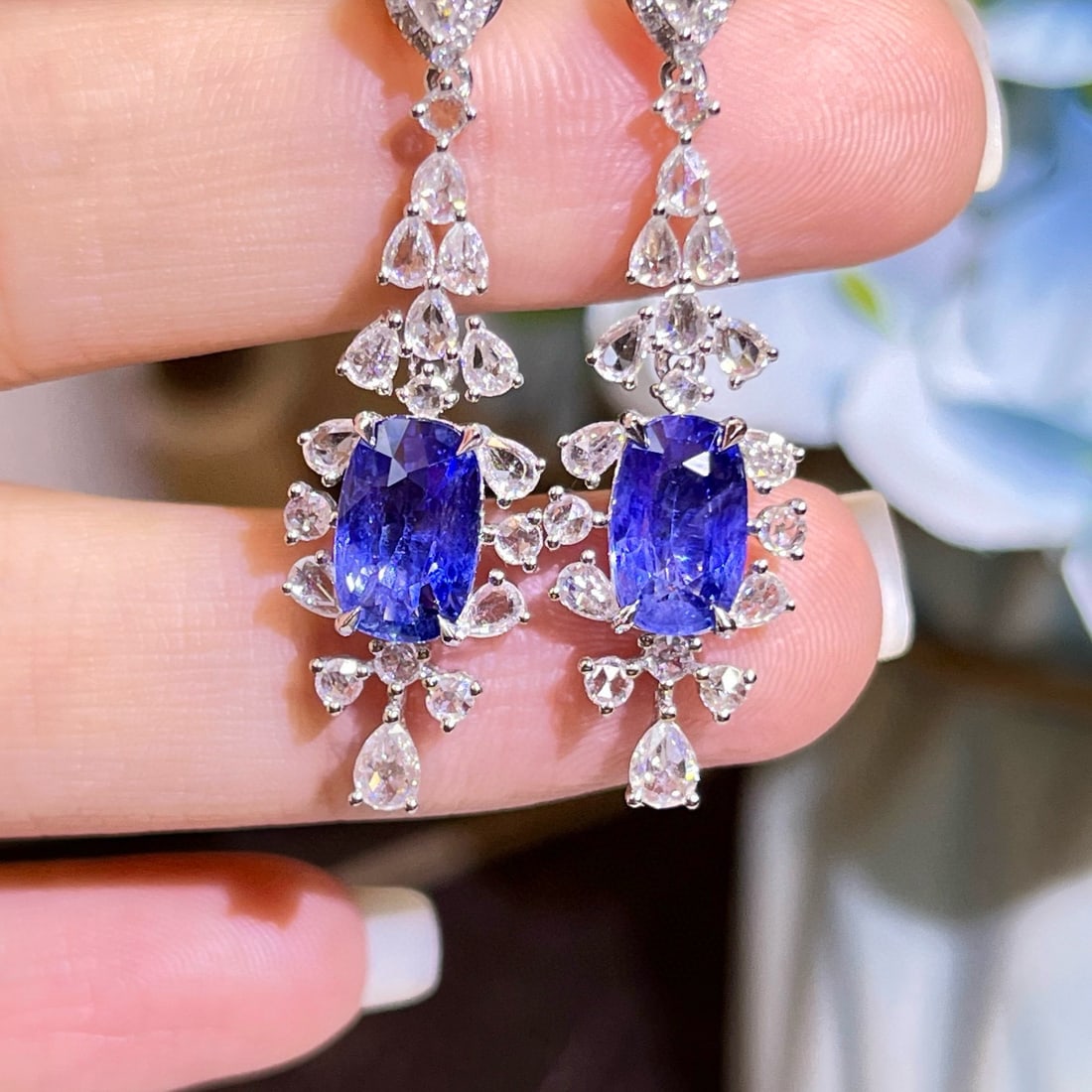 14k Gold 5.07 Ctw Natural Sapphire & Diamond Earrings - 4