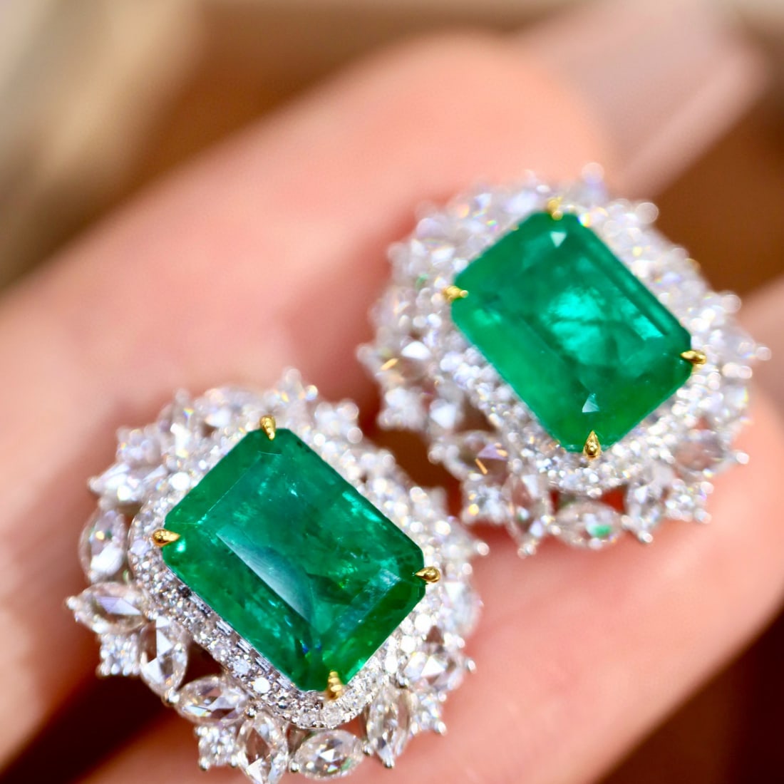 14k Gold 5.07 Ctw Vivid Green Natural Emerald & Diamond Earrings - 2