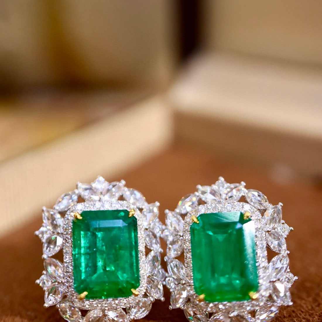 14k Gold 5.07 Ctw Vivid Green Natural Emerald & Diamond Earrings - 3