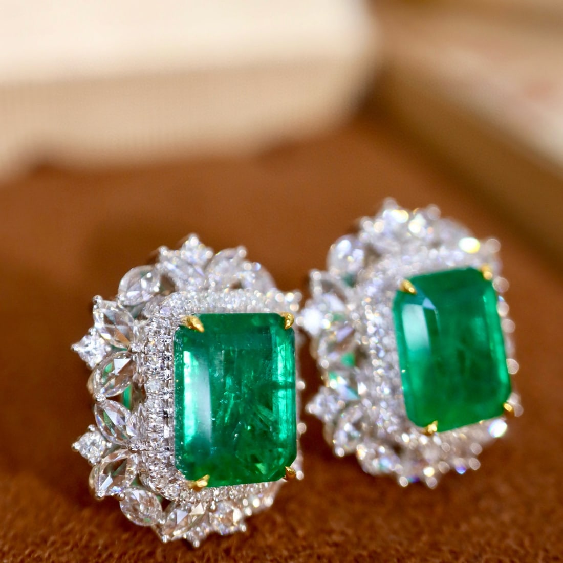 14k Gold 5.07 Ctw Vivid Green Natural Emerald & Diamond Earrings - 4