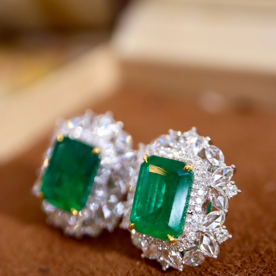14k Gold 5.07 Ctw Vivid Green Natural Emerald & Diamond Earrings - 5
