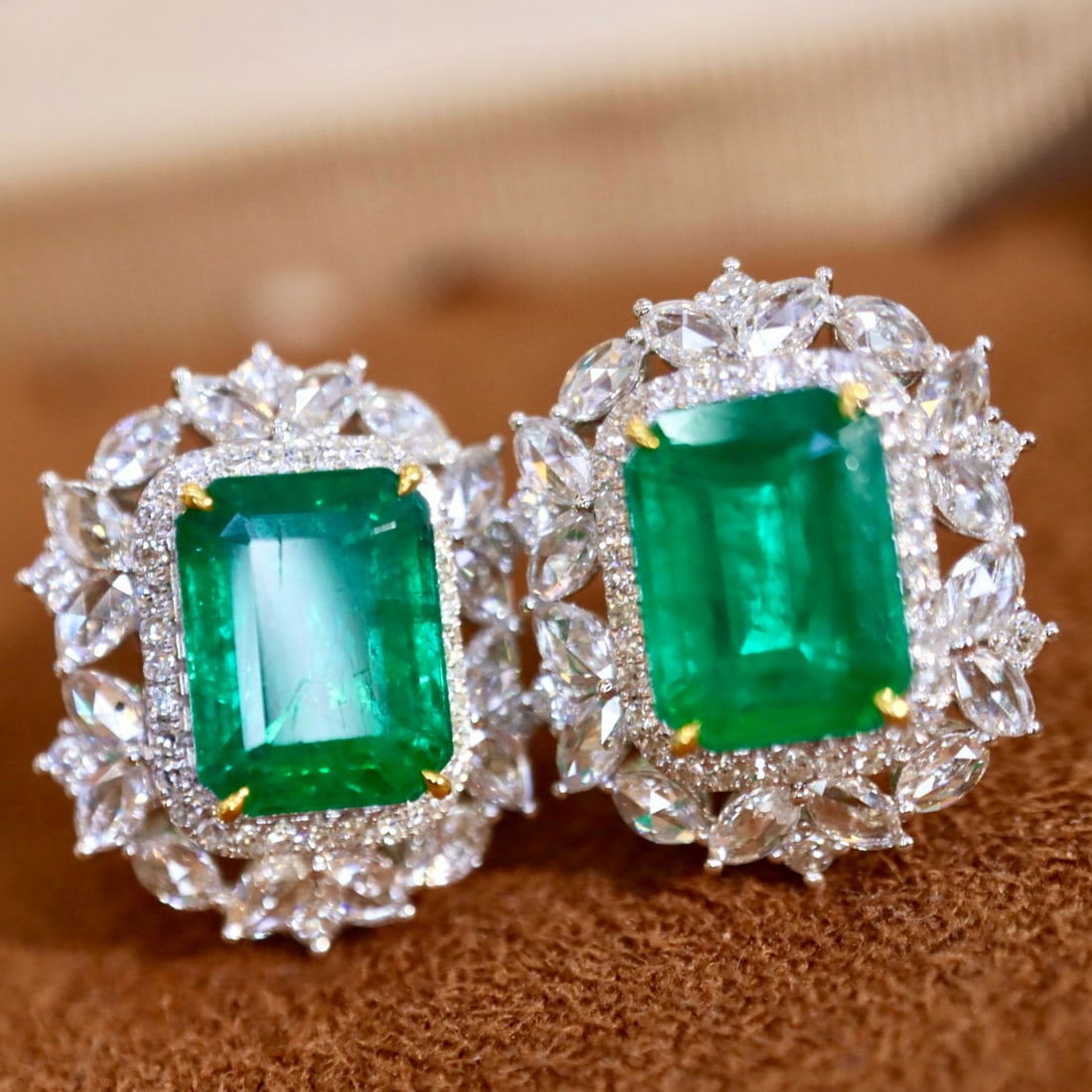 14k Gold 5.07 Ctw Vivid Green Natural Emerald & Diamond Earrings - 6