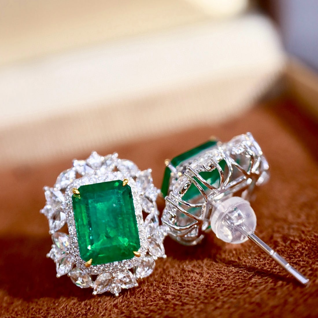 14k Gold 5.07 Ctw Vivid Green Natural Emerald & Diamond Earrings - 7
