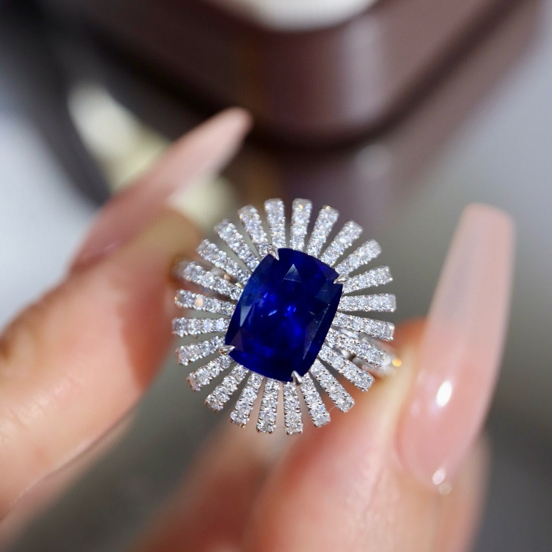14k Gold 4.15 Ctw Natural Sapphire & Diamond Ring: Ref:230984336 // gold content:14k gold // ring size:7. 25us // // main gemstone:sapphire // shape:cushion // carat weight:3. 22ct // color:blue // treatment:natural // // adjacent gemstone 2 :
