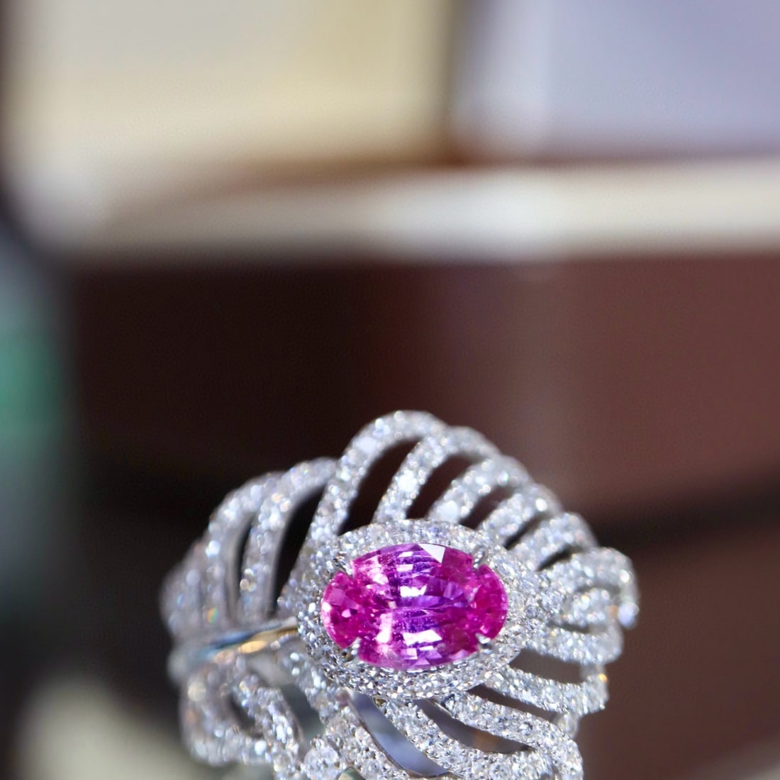 14k Gold 1.21 Ctw Natural Padparadscha Sapphire & Diamond Ring: Ref:230984352 // gold content:14k gold // ring size:7. 25us // // main gemstone:padparadscha sapphire // shape:oval // carat weight:0. 77ct // color:orangish pink // treatment:natural // // adjacent
