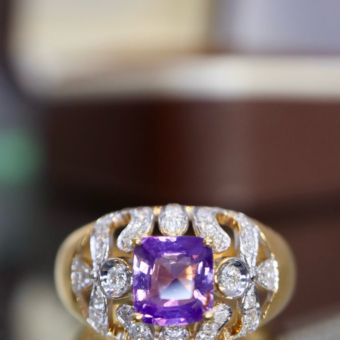 14k Gold 1.59 Ctw Natural Sapphire & Diamond Ring: Ref:230984353 // gold content:14k gold // ring size:7. 25us // // main gemstone:sapphire // shape:cushion // carat weight:1. 30ct // color:purple // treatment:natural // // adjacent gemstone 2 :