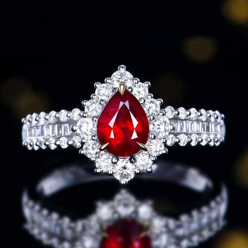 14k Gold 1.65 Ctw Natural Ruby & Diamond Ring: Ref:230984355 // gold content:14k gold // ring size:7. 25us // // main gemstone:ruby // shape:pear // carat weight:1ct // color:pigeonblood red // treatment:natural // // adjacent gemstone 2 : diamond