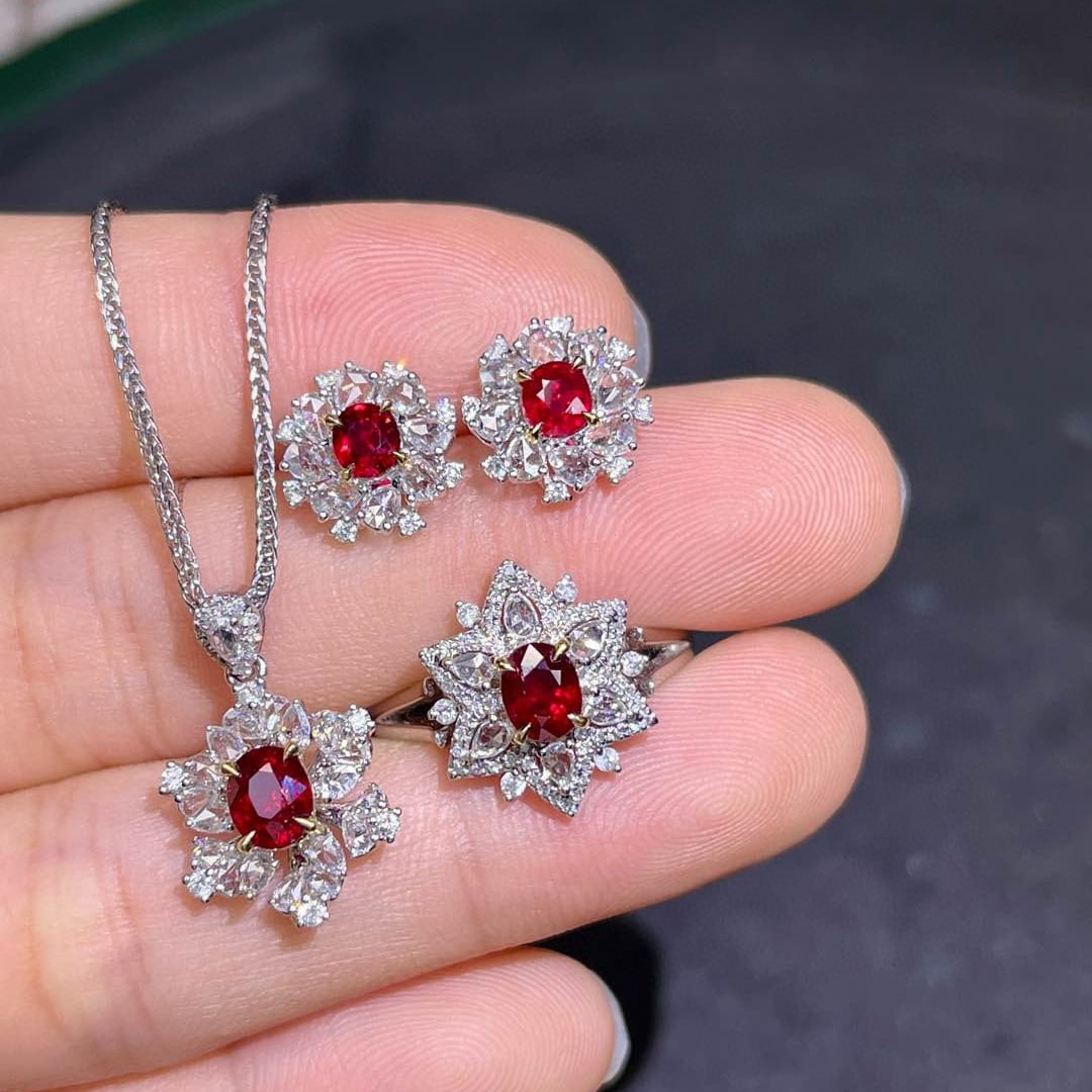 14k Gold 1.86 Ct Natural Ruby & Diamond Jewelry Set - 2