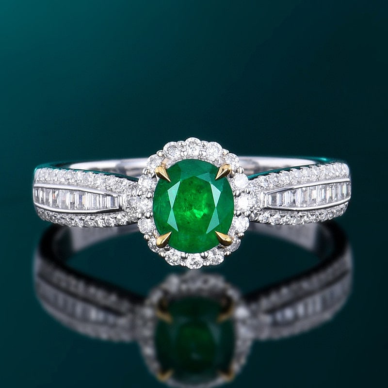 14k Gold 0.92 Ctw Vivid Green Natural Emerald & Diamond Ring: Ref:230984361 // gold content:14k gold // ring size:7. 25us // // main gemstone:emerald // shape:oval // carat weight:0. 58ct // color:vivid green // treatment:natural // // adjacent gemstone 2 : diam
