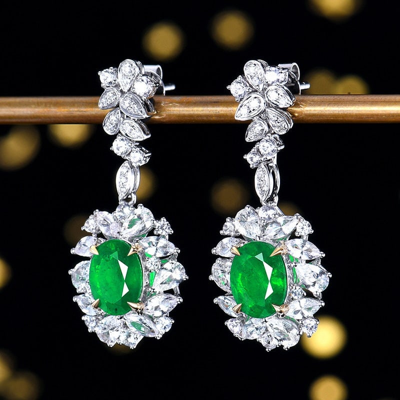 14k Gold 5.23 Ctw Vivid Green Natural Emerald & Sapphire Earrings - 2
