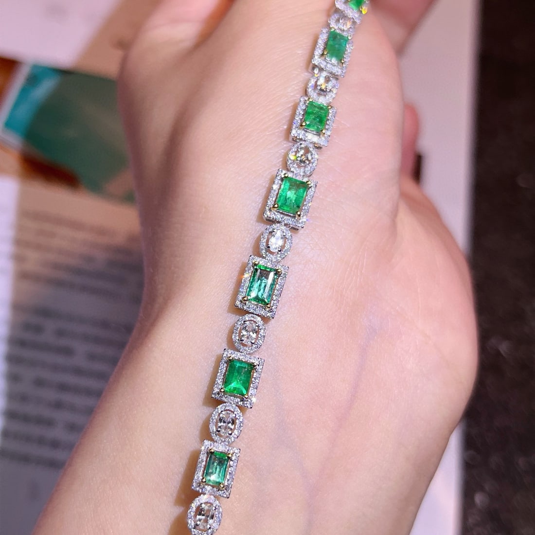 14k Gold 2.24 Ctw Vivid Green Natural Emerald & Diamond Bracelet - 4