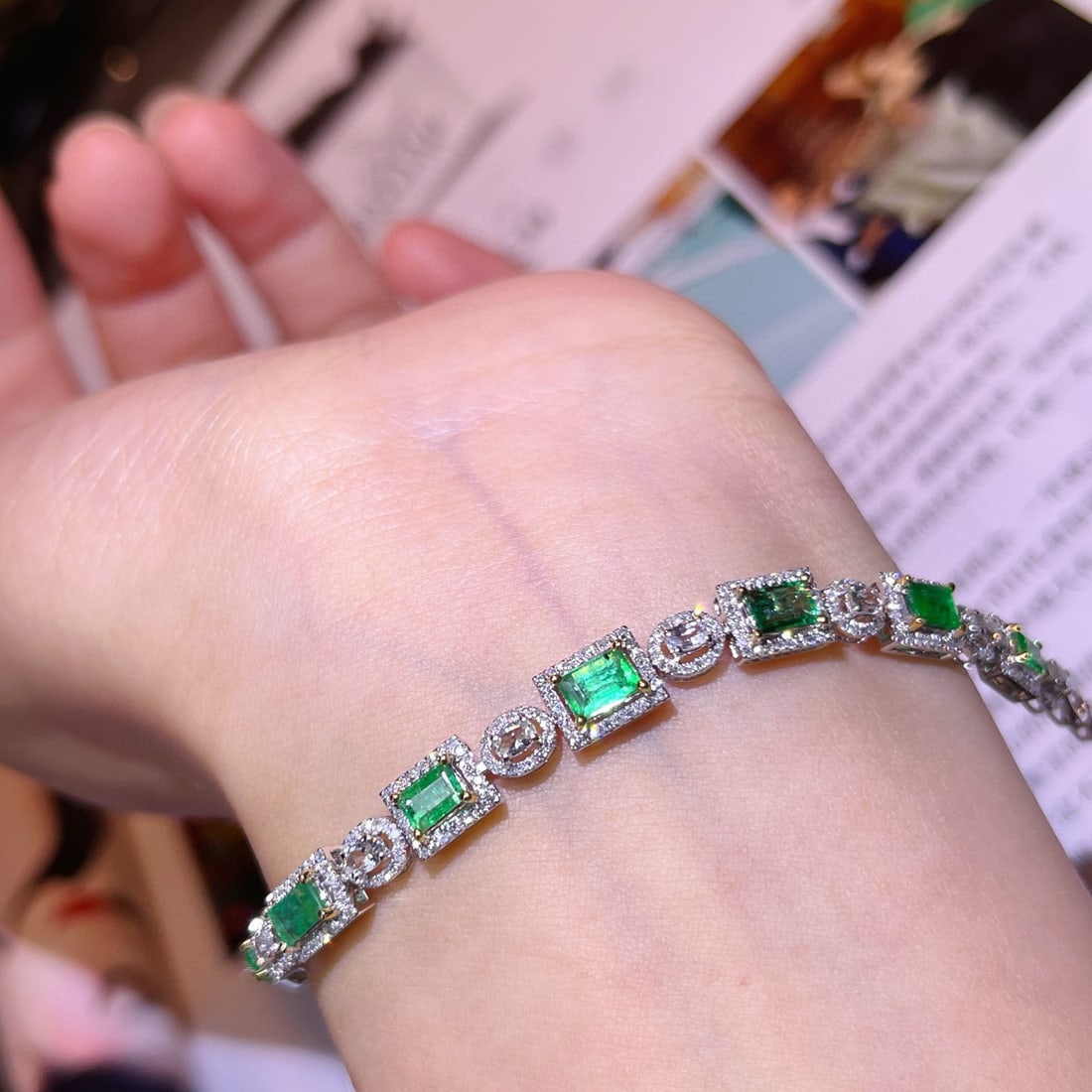 14k Gold 2.24 Ctw Vivid Green Natural Emerald & Diamond Bracelet - 6