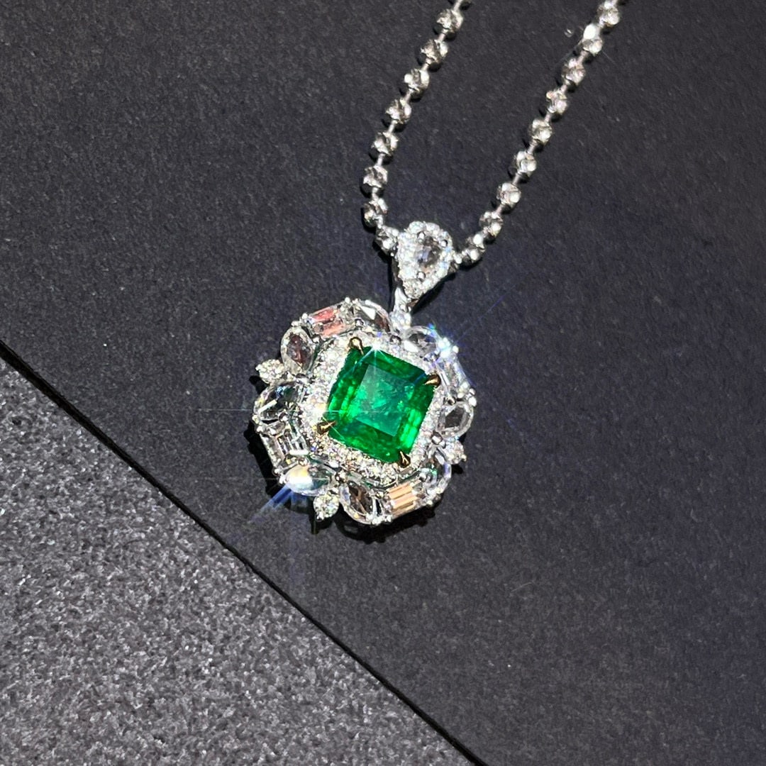 14k Gold 1.79 Ctw Vivid Green Natural Emerald & Diamond Pendant( Without Chain ) - 2