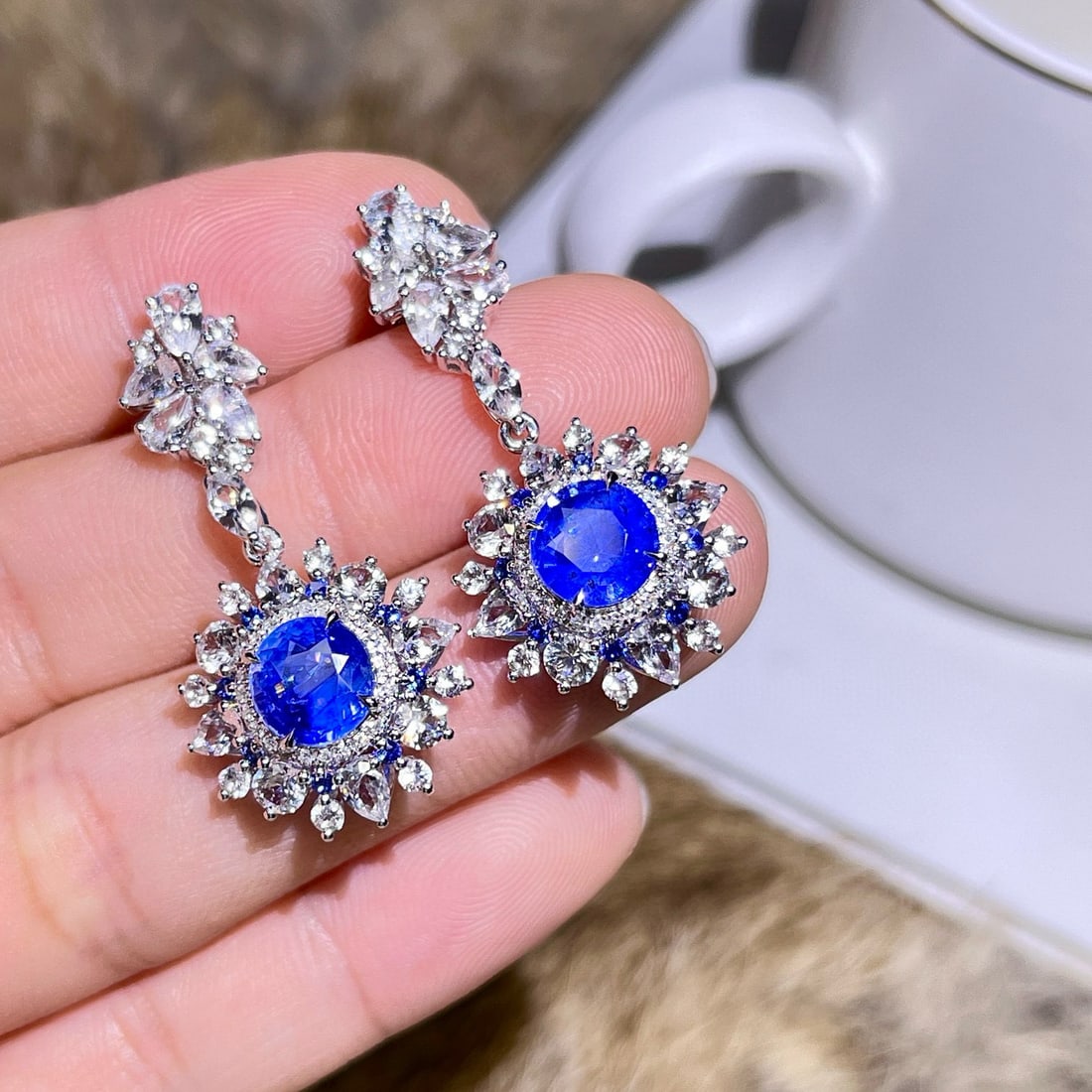 14k Gold 4.14 Ctw Natural Sapphire & Diamond Earrings - 2
